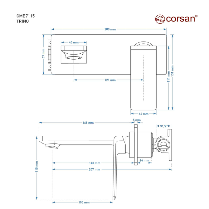 Corsan TRINO CMB7115BL concealed washbasin faucet, black