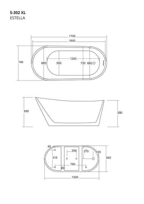 Corsan ESTELLA freestanding bathtub 170 x 74 cm click-clack plug Chrome
